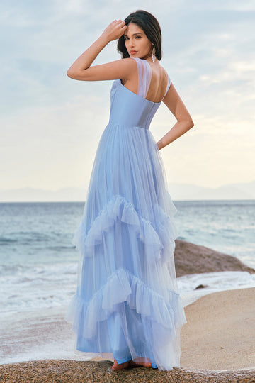 Blue Tulle Corset Spaghetti Straps Bridesmaid Dress with Ruffles